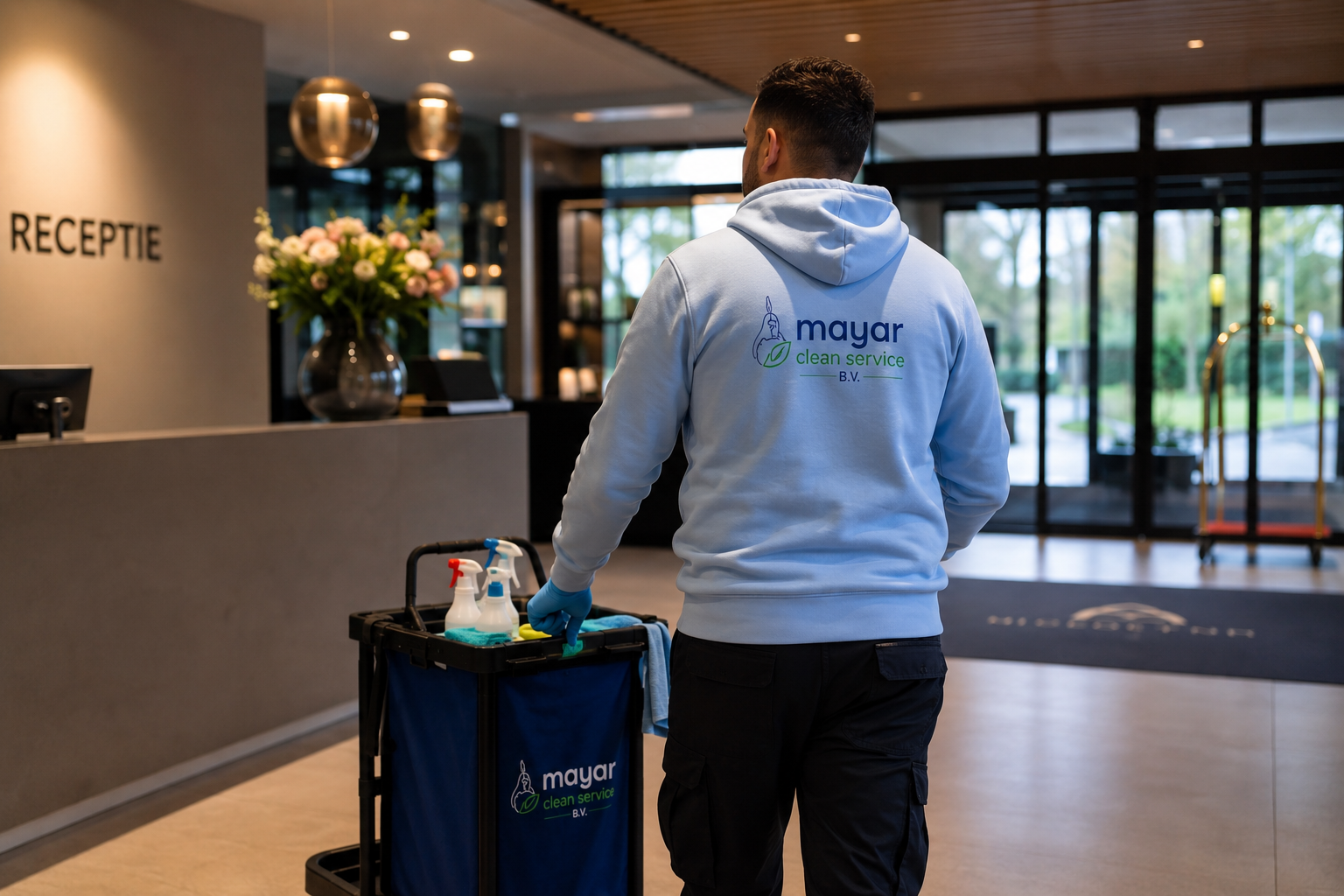 Verzorgde hotellobby na dagelijkse reiniging door Mayar Clean Services