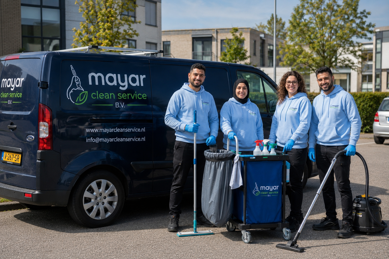 Team van Mayar Clean Service B.V. bij de bedrijfswagen